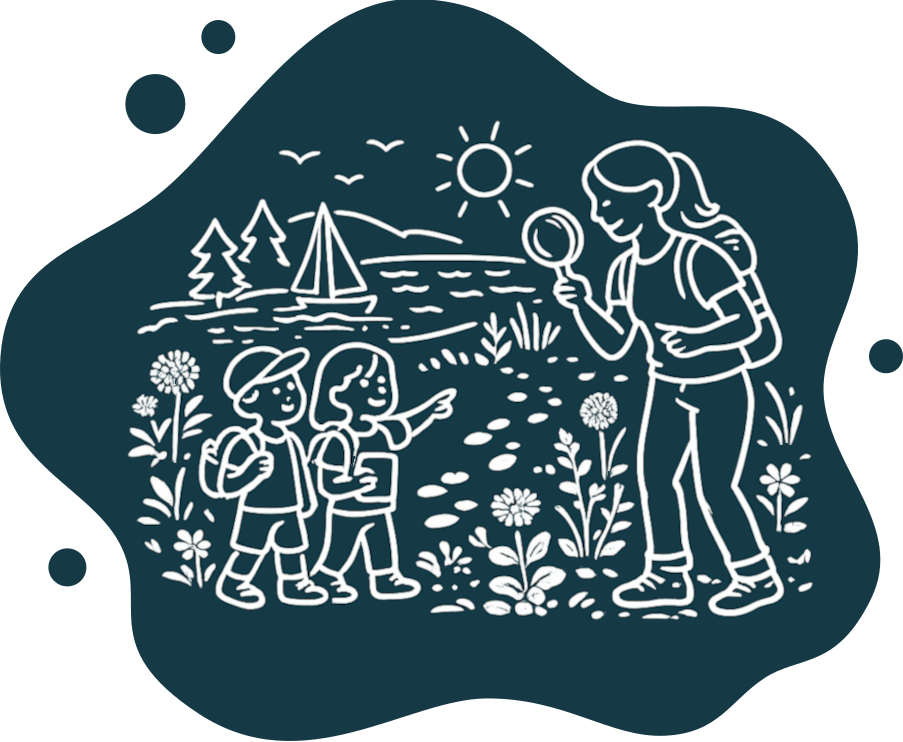 Frau mit Kindern sammelt Kräuter am See